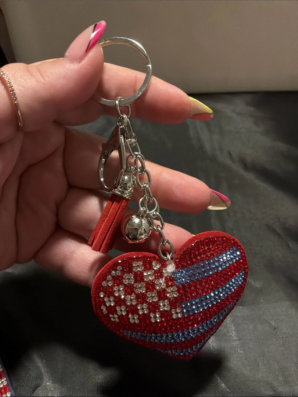 Crystal Heart Keychain - Red and Blue Rhinestone Accent